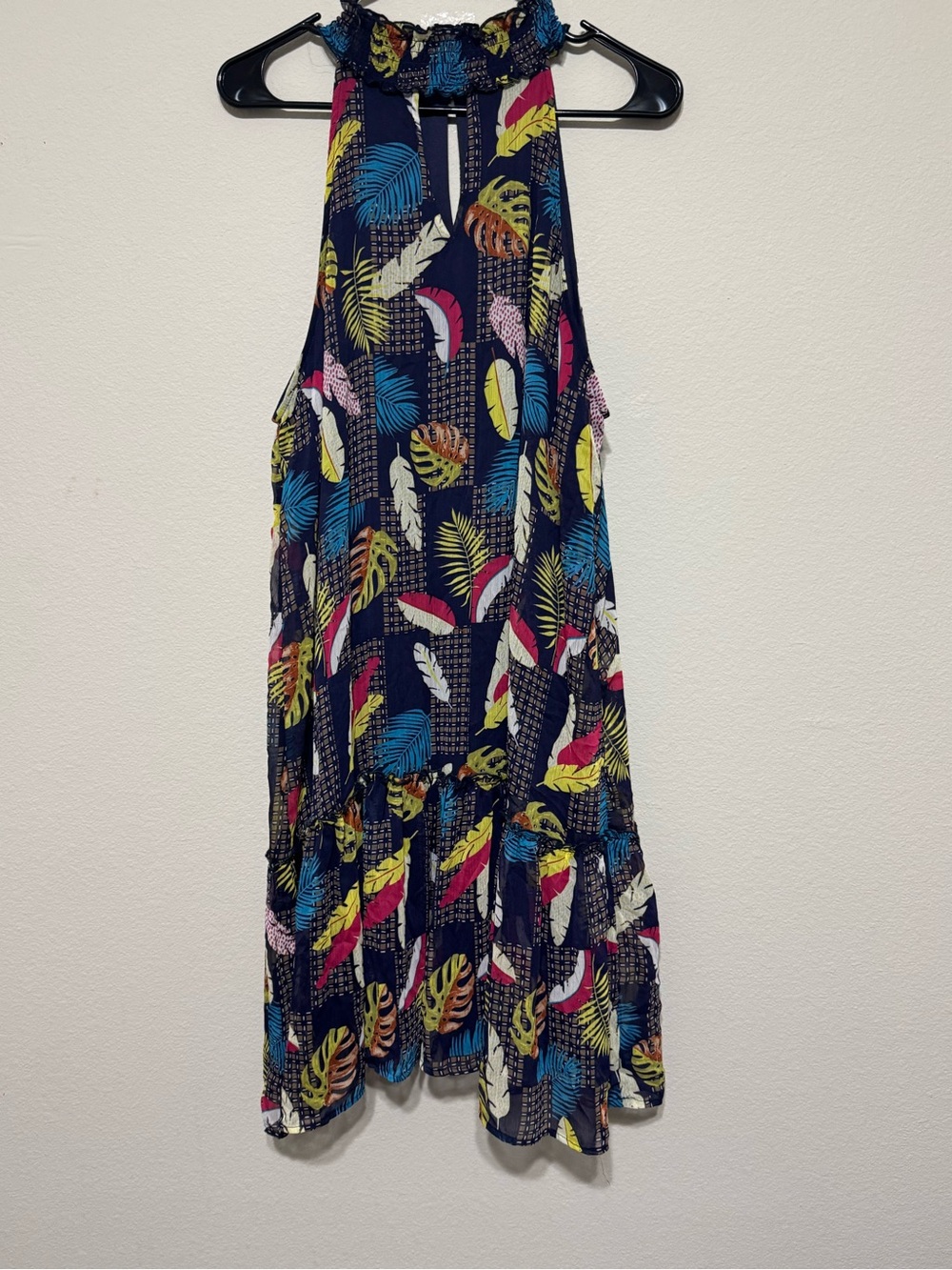 Absolutely Famous Navy Halter Dress with Multicolor Leaf Print